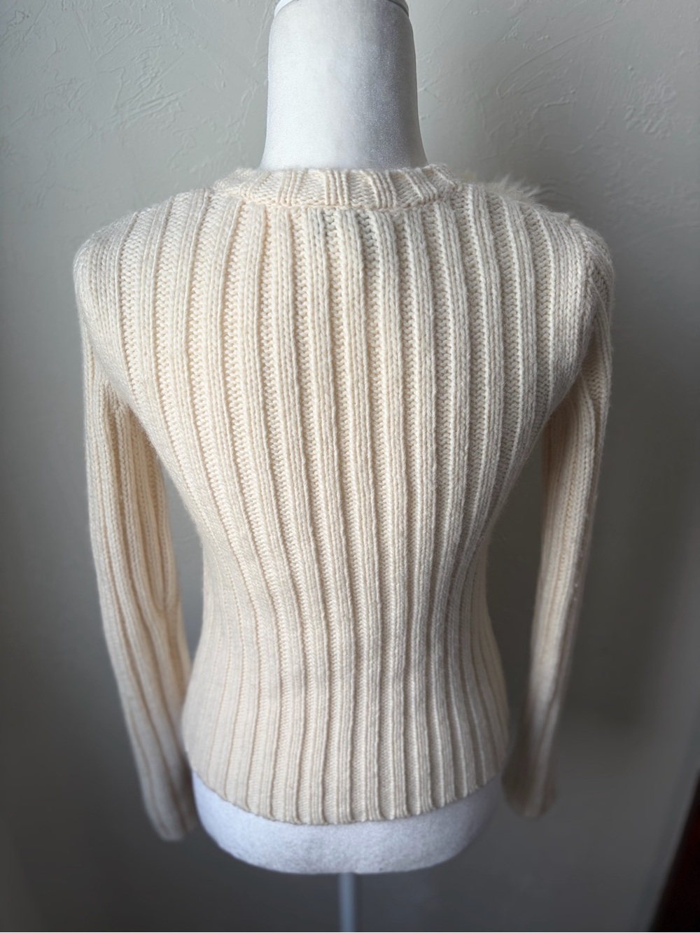 VTG Y2K LOFT Faux Fur Wool Blend Ribbed Cardigan Ivory XS - Picture 9 of 10